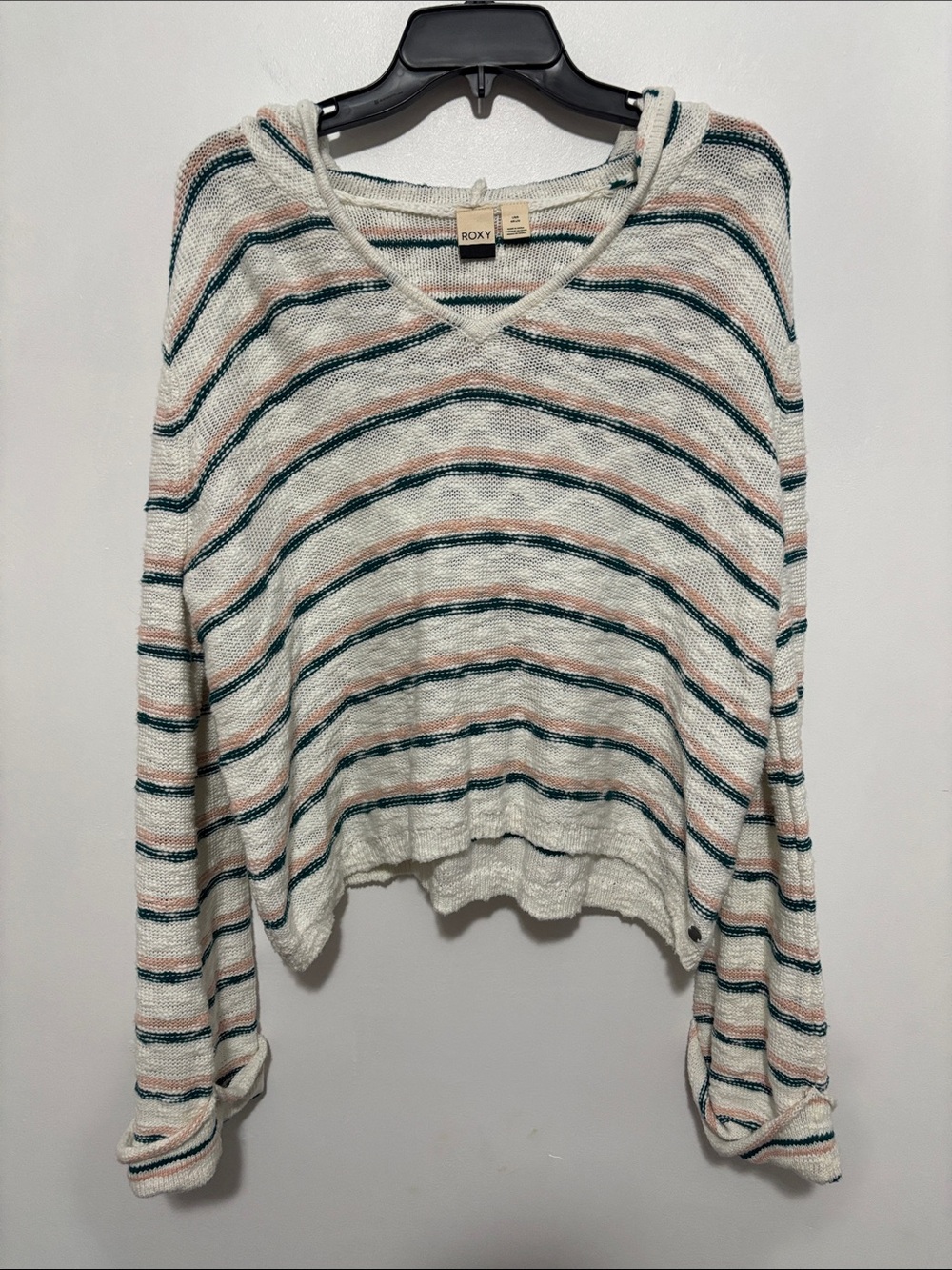Roxy Striped Open Knit Hooded Sweater White Pink Teal Cotton Size L